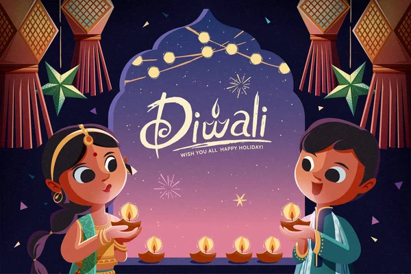 Diwali illustration with kids — Stock Vector