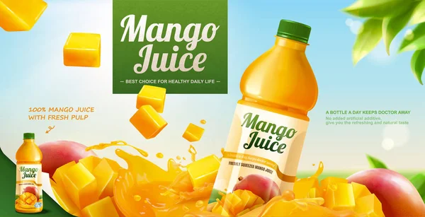 Werbung mit Mango-Saft in Flaschen — Stockvektor