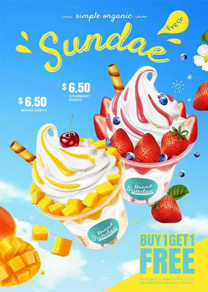 Διαφημίσεις παγωτού με μάνγκο και φράουλα — Διανυσματικό Αρχείο