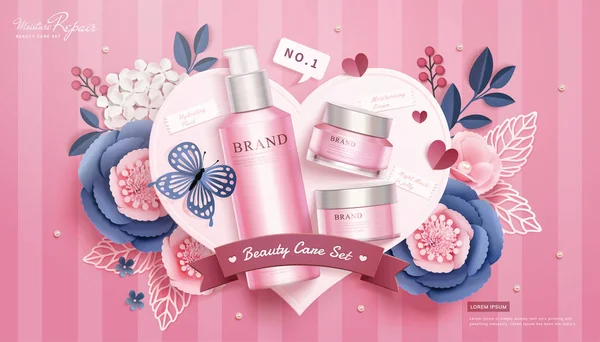 Roze cosmetische Skincare set advertenties — Stockvector