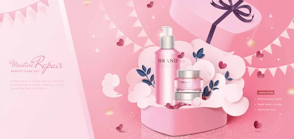 Pink cosmetic skincare set - Stok Vektor