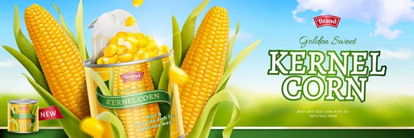 Kernel milho enlatado alimentos anúncios —  Vetores de Stock