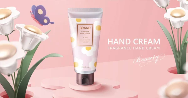 Naturkosmetik Banner Vorlage Design Mit Realistischer Kamille Handcreme Verpackung Attrappe — Stockvektor