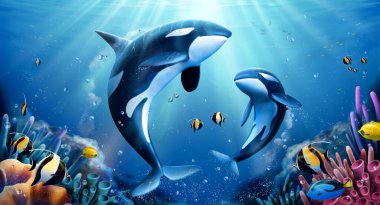 Adorable killer whales family looking up towards sea surface with beautiful coral reefs and tropical fish around them, marine life 3d illustration clipart