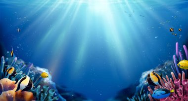 Beautiful coral reefs and tropical fish undersea landscape with sunlight through the ocean, 3d illustration clipart