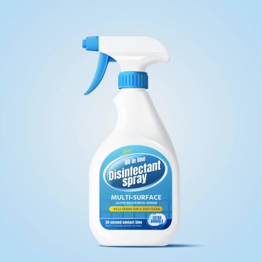 Package design for disinfectant spray or multi-surface spray in side view, isolated on light blue background, 3d illustration clipart