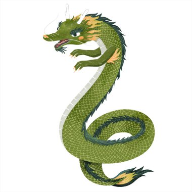Adorable green Chinese dragon in flat design, mythological creature isolated on white background