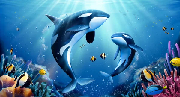 Adorable Familia Ballenas Asesinas Mirando Hacia Superficie Del Mar Con — Vector de stock