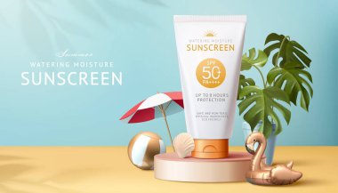 3 boyutlu güneş kremi reklam şablonu, pembe sahnede gerçekçi bir taklit, flamingo yüzme yüzüğü, saksı tropikal bitki ve şemsiye ile süslenmiş.