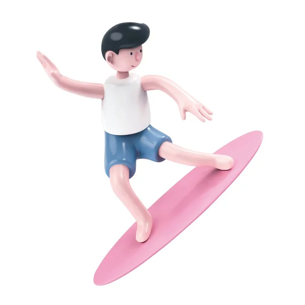 Illustration Surfing Boy Standing Pink Surf Board Isolated White Background — Stock Vector