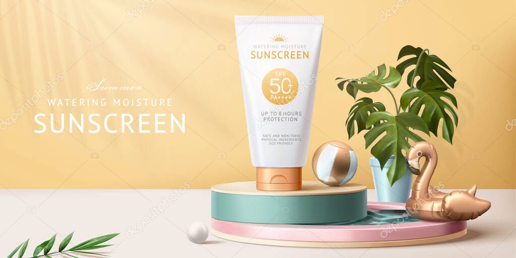 Sunscreen ad template, concept of skin care during summer season, designed with realistic tube mock-up displayed on swimming pool figurine, 3d illustration