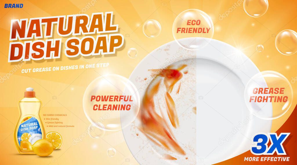 Ad template for natural dish soap, with before and after cleaning effect on white dish, 3d illustration