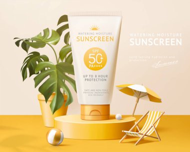 Yaz ürünleri için reklam şablonu, güneş kremi maketi sarı podyumda sergileniyor.