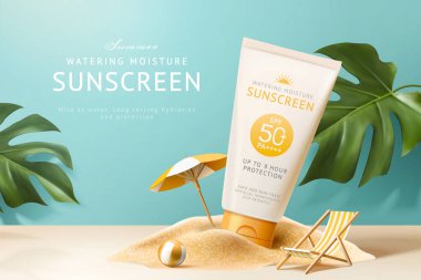 Yaz ürünleri için reklam şablonu, güneş kremi modeli canavar yapraklı kum yığınında sergileniyor, 3D illüstrasyon