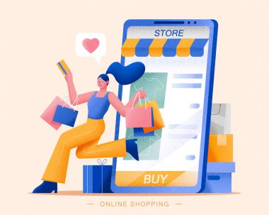 İnternetten alışveriş yapan tatlı bir kız, düz stil illüstrasyon, yüzgeç teknolojisi ve e-ticaret konsepti.