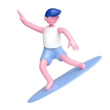 Askılı tişörtlü ve şortlu sevimli sörfçü karakter, beyaz arka planda izole edilmiş, 3d illüstrasyon