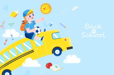 Okula dönüş kavramı, okula giden sarı otobüste giden öğrenci, düz stil tasarlanmış.