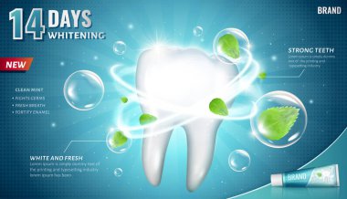 Diş macunu ve diğer oral bakım ürünleri için reklam şablonu, dev diş modeli ve dinamik beyazlatma efektiyle, 3d illüstrasyon
