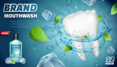 Havalı nane şekerli gargara reklamları, uçan nane şekerleri, buz küpleri ve çizgili arka planda su sıçratma, 3 boyutlu illüstrasyon