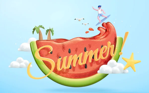 Sommerkonzept Niedlicher Charakter Der Saftwelle Mit Leckerer Wassermelone Surft Illustration — Stockvektor