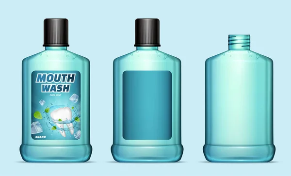 Cool Mint Mondwater Flessen Ontwerp Illustratie Mockups Met Blanco Ontworpen — Stockvector