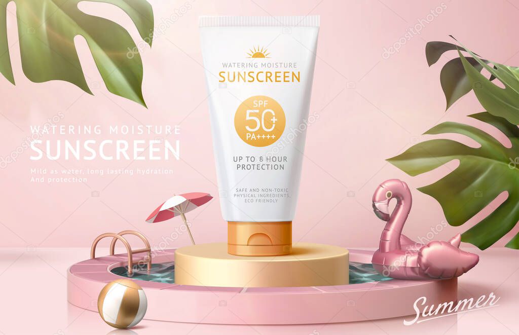 Ad template for summer products, sunscreen tube mock-up displayed on podium in swimming pool, 3d illustration