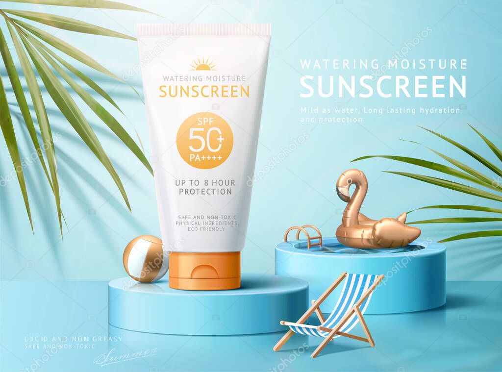 Ad template for summer products, sunscreen tube mock-up displayed on podium with swimming pool and palm leaves, 3d illustration