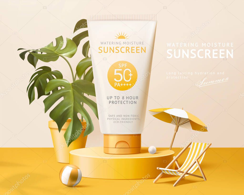 Ad template for summer products, sunscreen tube mock-up displayed on yellow podium with potted monstera, 3d illustration