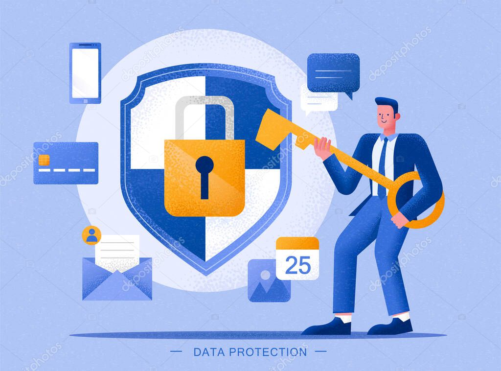 Man holding a key to encrypt his personal information, concept of privacy, data protection and cyber security, in flat style