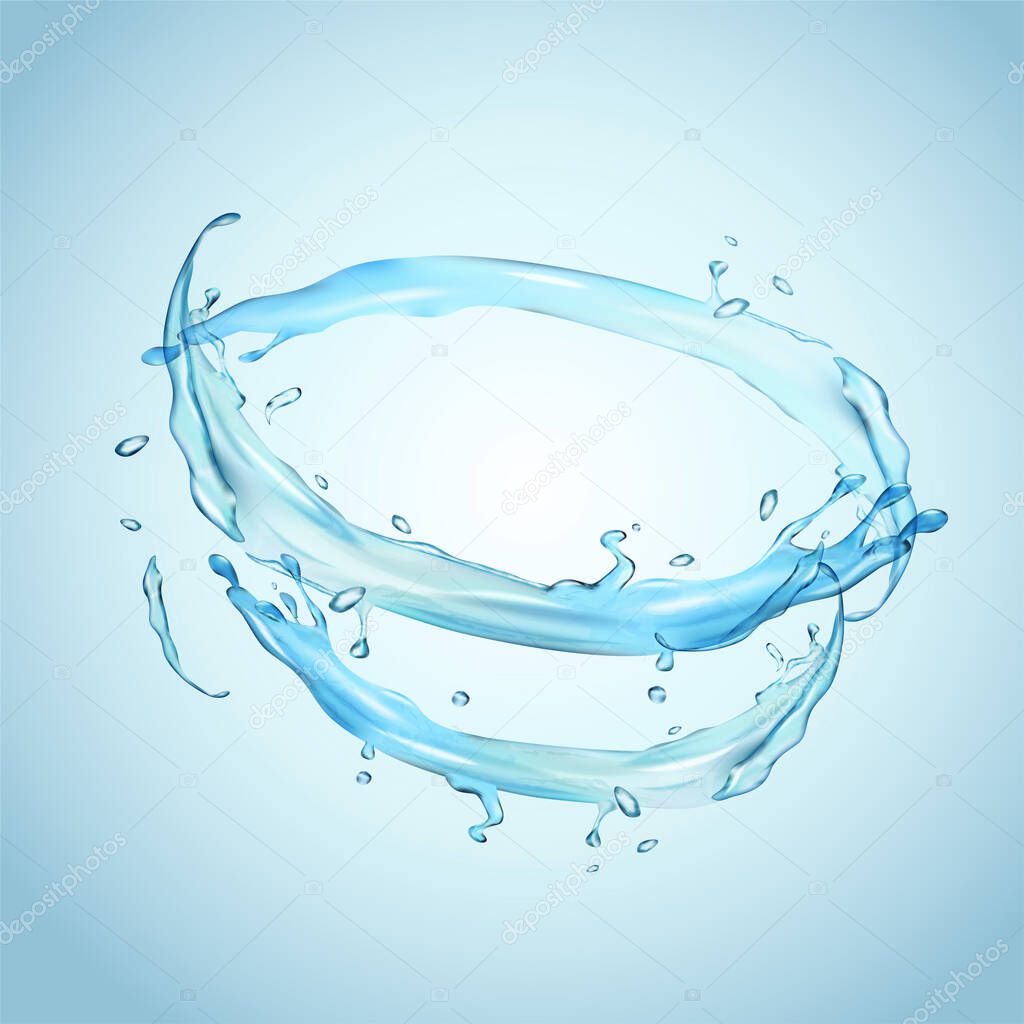 Swirling clear water design elements isolated on light blue background, 3d illustration