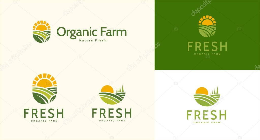 Farm landscape logo set in flat design, concept of growing organic crops and livestock, great choice for agribusiness and local farm