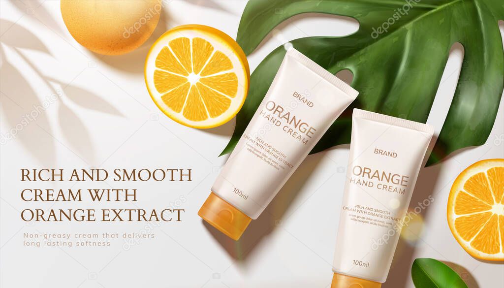 Luxury skin care product ad, top view of tube mock-ups with monstera leaf and oranges, 3d illustration