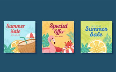 Yaz satışı için kare web pankartı şablonu, el çizimi tarzı, plaj tatili konsepti