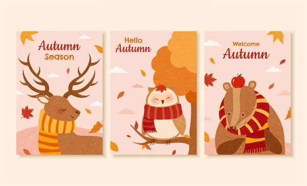 Conjunto Ilustración Otoño Diseñado Con Animales Lindos Del Bosque Estilo — Vector de stock