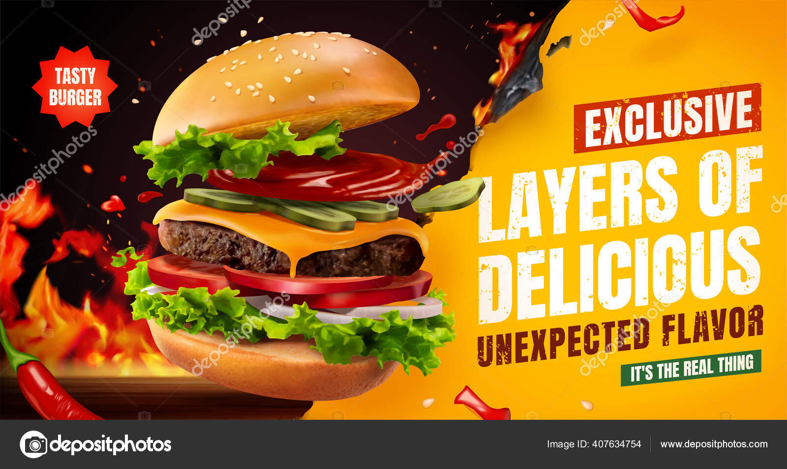 Delicious Homemade Burger Chili Bbq Grill Fire Food Banner Illustration delicious-homemade-burger-chili-bbq-grill-fire-food-banner-illustration
