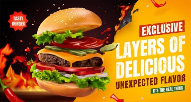 Acı biberli ve barbekü ızgaralı nefis ev yapımı burger, 3 boyutlu illüstrasyonlu yemek reklamı.