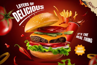 Fışkıran kolayla nefis ev yapımı hamburger, patates kızartması ve taze malzemeler, 3D resimli yemek reklamı.