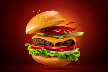 Ev yapımı, ketçaplı, kırmızı siyah arka planda izole edilmiş, 3 boyutlu resimli bir hamburger.