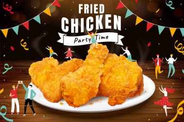 Delicious crispy fried chicken in 3d illustration on a party time theme clipart