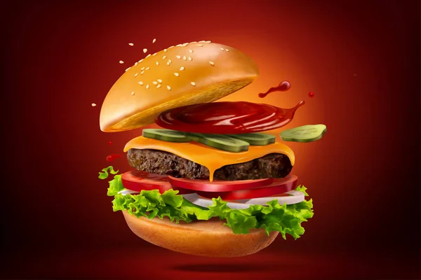 Szekrény Házi Hamburger Fröccsenő Ketchup Elszigetelt Piros Fekete Háttér Illusztráció — Stock Vector