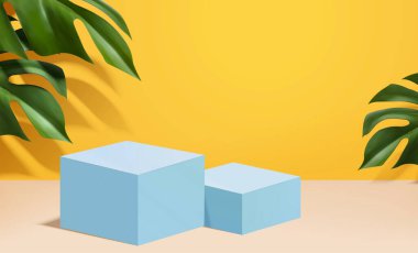 3d illüstrasyonda tropik renk arkaplanı üzerine mavi renkli podyumlar