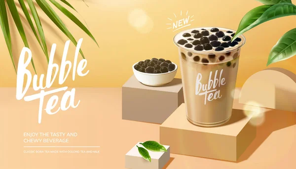 Bubble Milch Tee Werbung Mit Blätterelementen Auf Sommerlichem Hintergrund Illustration — Stockvektor