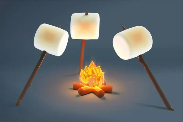 Roasting Marshmallows Bonfire Evening Grey Background Illustration — Stock Vector