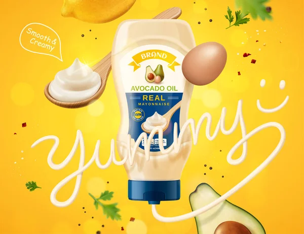 Echte Mayonaise Advertentie Met Dynamische Lay Out Van Verse Ingrediënten — Stockvector
