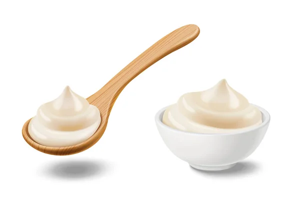 碗中的蛋黄酱和3D插图中的木制勺子 白色背景隔离 — 图库矢量图片