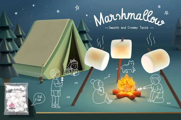 Marshmallow Iklan Spanduk Ilustrasi Dengan Anak Anak Memanggang Marshmallow Pada Stok Vektor