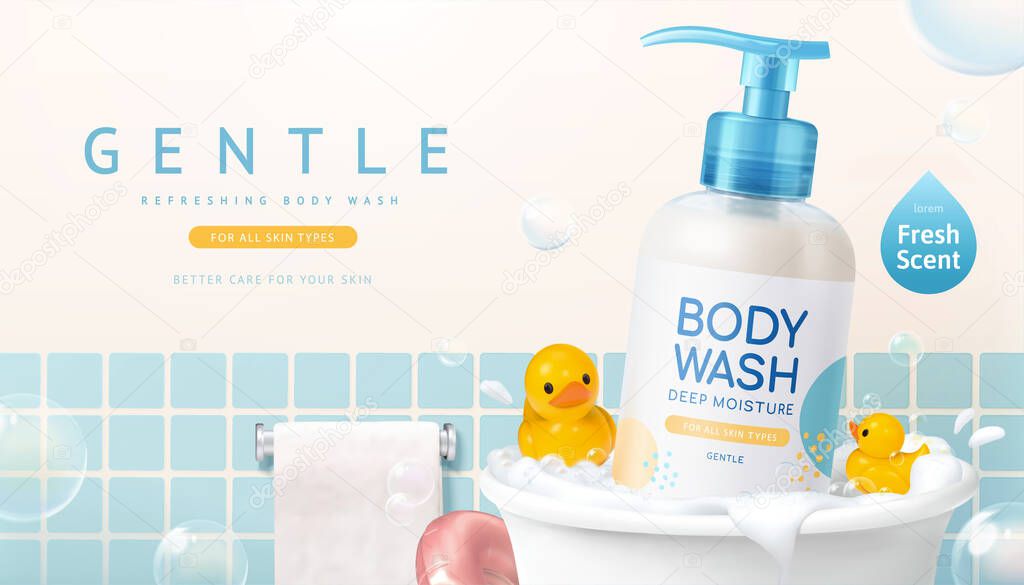 Body wash ad design in 3d illustration, product bottle in bathtub with yellow ducks and bubble around in bathroom