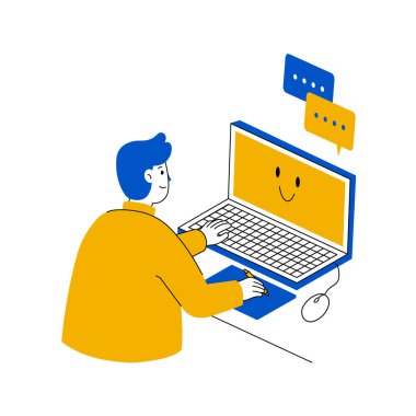 Bilgisayar kullanan bir adam, çalışma ve video konferans konsepti, beyaz arkaplanda izole edilmiş düz tasarım illüstrasyon