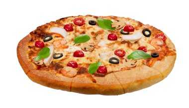 Lezzetli deniz mahsulleri pizzasının beyaz arka planda izole edilmiş üç boyutlu görüntüsü.