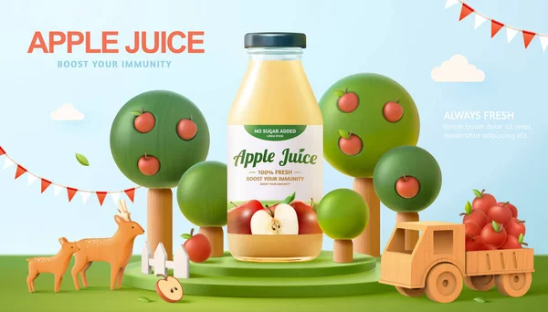 Φρέσκος Χυμός Μήλου Διαφήμιση Εικόνα Ρεαλιστικό Μπουκάλι Μια Σκηνή Μηλιές — Διανυσματικό Αρχείο